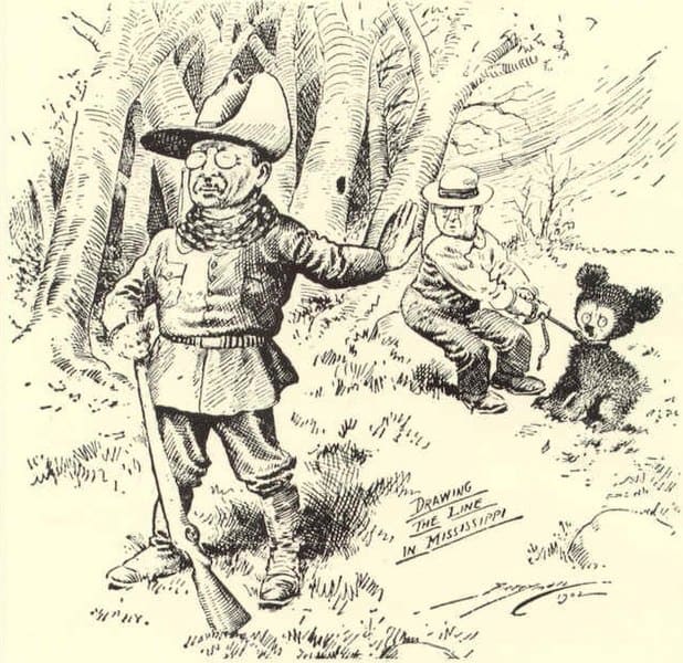 This political cartoon by Clifford Berryman's depicts President Theodore Roosevelt's bear hunting trip to Mississippi. The cartoon gave the "'Teddy" Bear it's name. It was published in the Washington Post in 1902.
