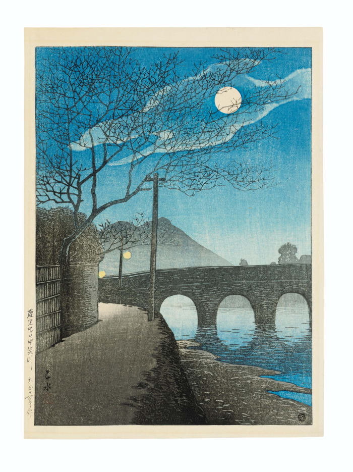 Shin hanga woodblock print by Kawase Hasui (1883-1957), Kagoshima Kotsukigawa (Kotsuki River in Kagoshima), from the series Nihon fukei senshu (Selected views of Japan), 1922; $6,250.