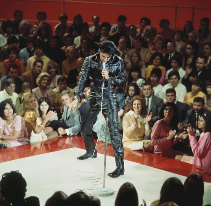Elvis rocks head-to-toe black leather during his comeback TV special in 1968.